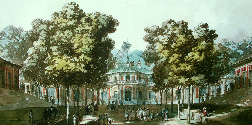Akvarell av Kina slott av Louis Jean Desprez.